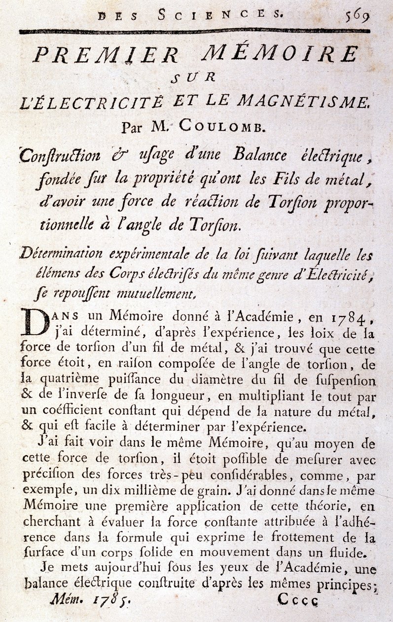 Frontispice van het boek "Eerste memorie over elektriciteit en magnetisme" door Coulomb door French School
