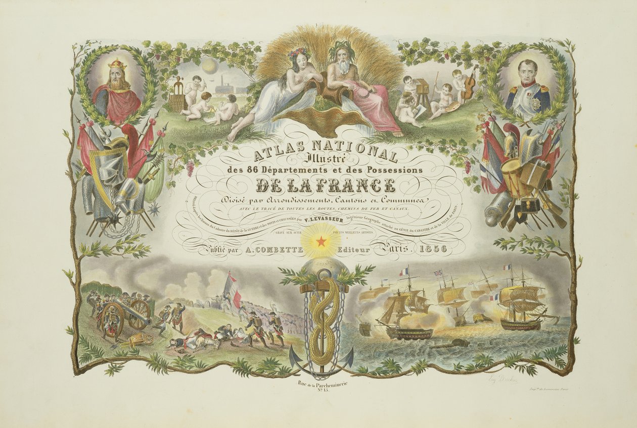 Frontispice van Atlas Nacional Illustre des 86 Departments et des Possessions de la France, door Victor Levasseur 1856 (handgekleurde gravure) door French School