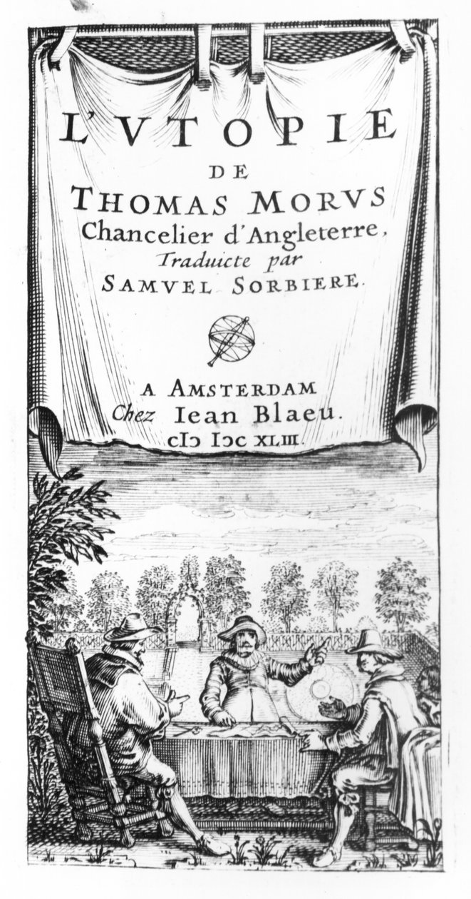 Frontispice van De Utopia van Thomas More (1478-1535), Kanselier van Engeland, Vertaald door Samuel Sorbiere, uitgegeven door Jan Blaeu (d.1673) in Amsterdam, 1643 door French School