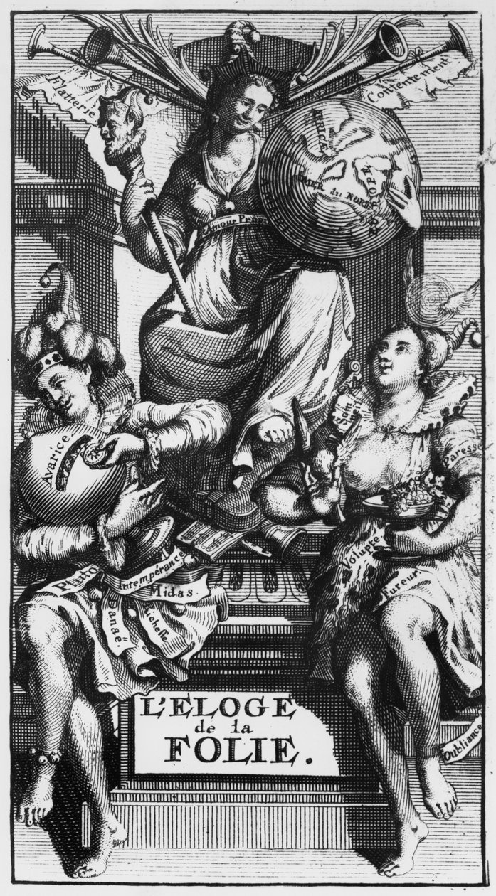 Frontispice van Lof der Zotheid door Desiderius Erasmus door French School