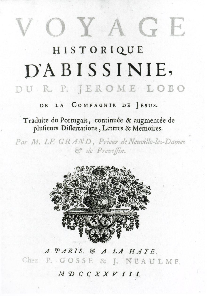 Frontispice van de Franse vertaling van Voyage to Abyssinia door Jeronimo Lobo, gepubliceerd in 1728 door French School