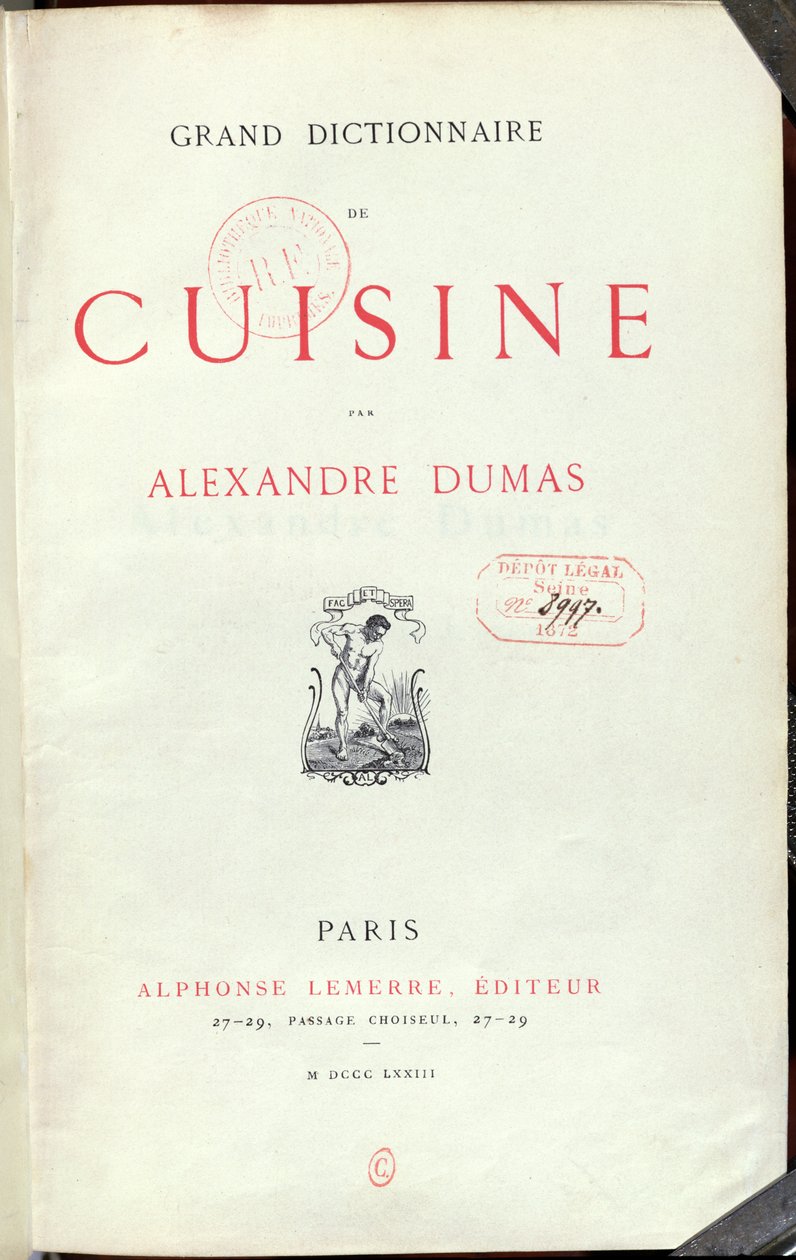 Frontispice van het Grand Dictionnaire de Cuisine door Alexandre Dumas père (1803-70) 1873 door French School