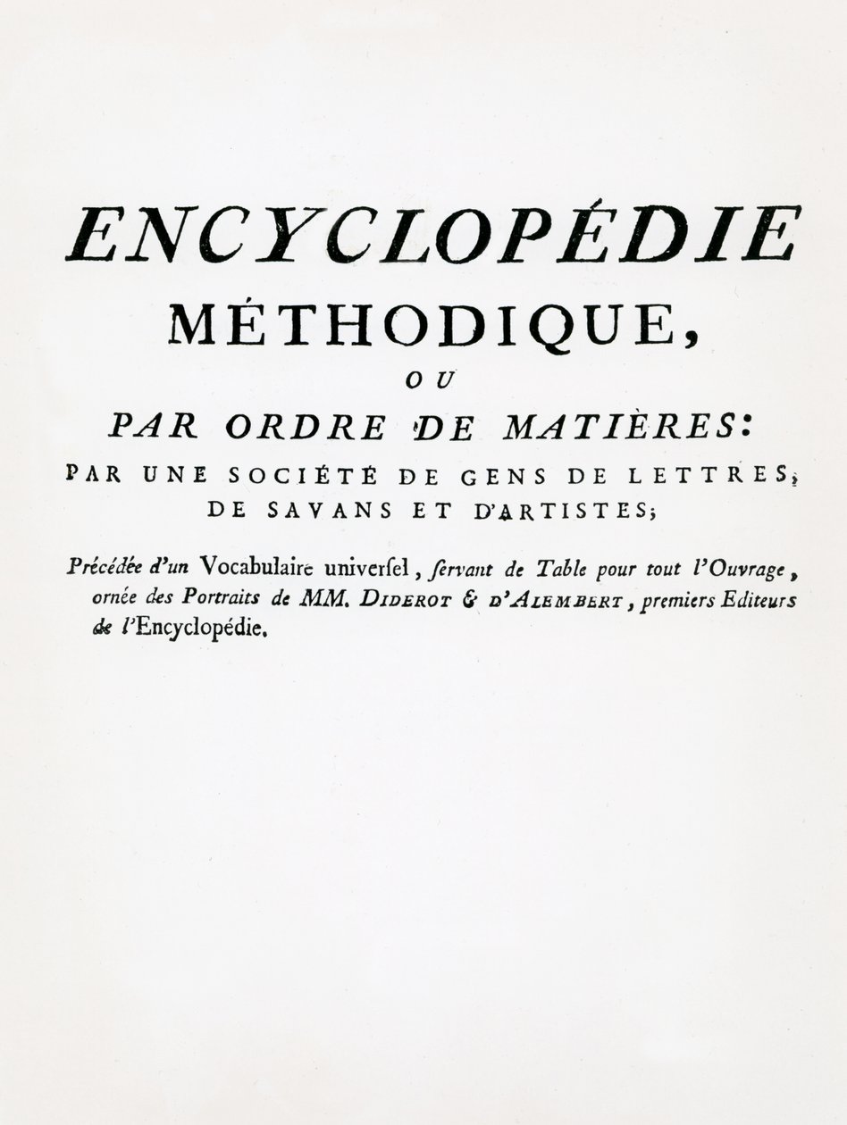 Frontispice van de Methodische Encyclopedie op volgorde van onderwerp, geredigeerd door Denis Diderot en Jean Le Rond d