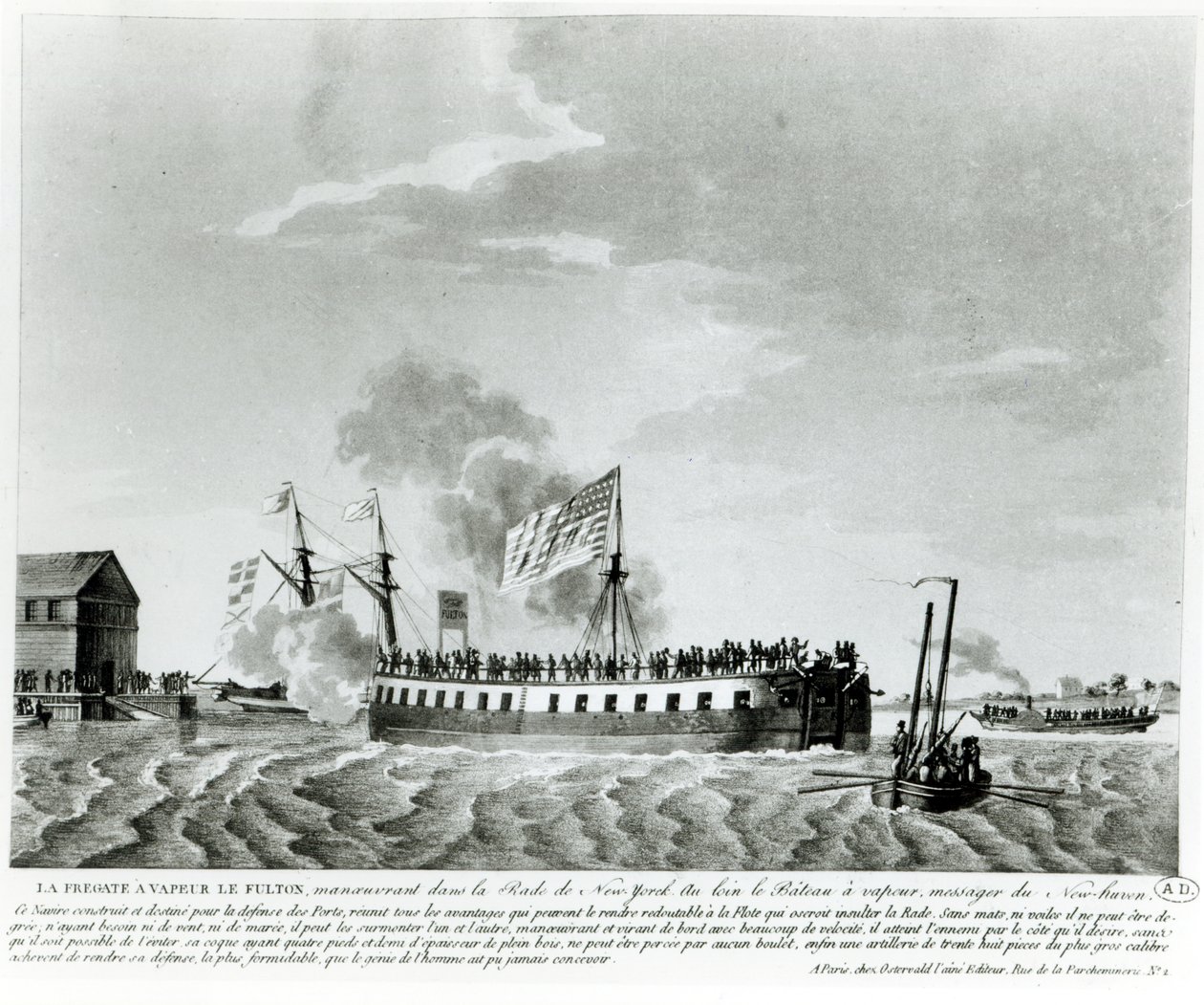 Fultons stoomaangedreven oorlogsschip, Fulton de Eerste, ontworpen en gebouwd door Robert Fulton voor de verdediging van New York in de oorlog van 1812 door French School