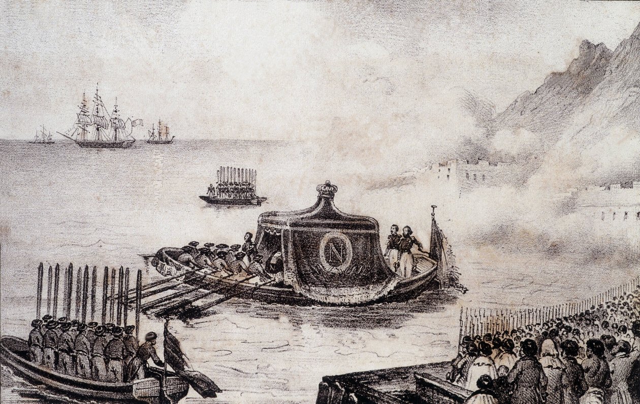 Begrafenis van Napoleon I: vertrek van Sint-Helena - tekening door Levilly, in "Historisch schilderij van de begrafenis van Napoleon" door M. St Maurice, ca. 1851 door French School