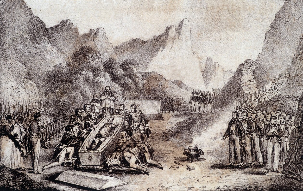 Begrafenis van Napoleon I: opgraving van het lichaam van Napoleon op Sint-Helena - tekening door Levilly, in 
