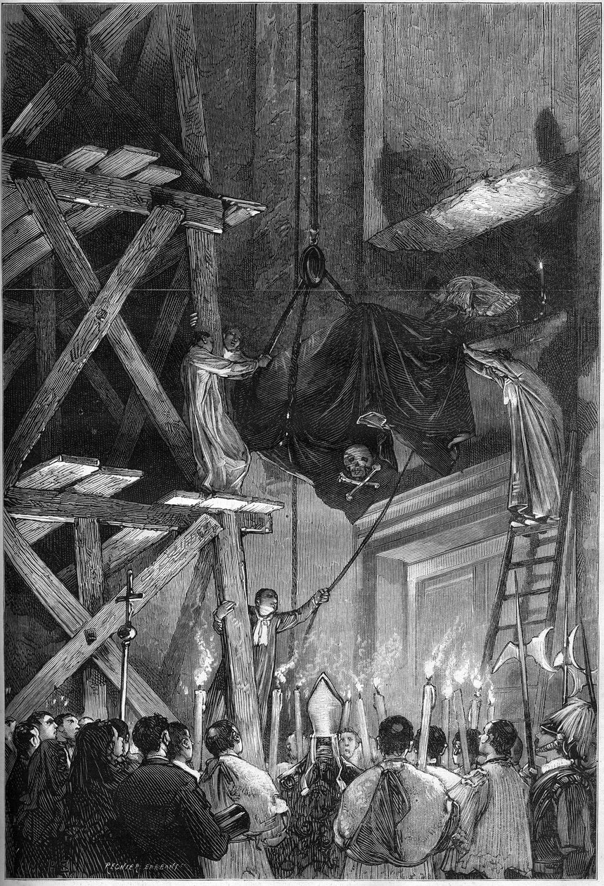 Begrafenis van paus Pius IX (Pio) (1792-1878): de begrafenis van het lichaam in de Sint-Pietersbasiliek in Rome. Gravure in 