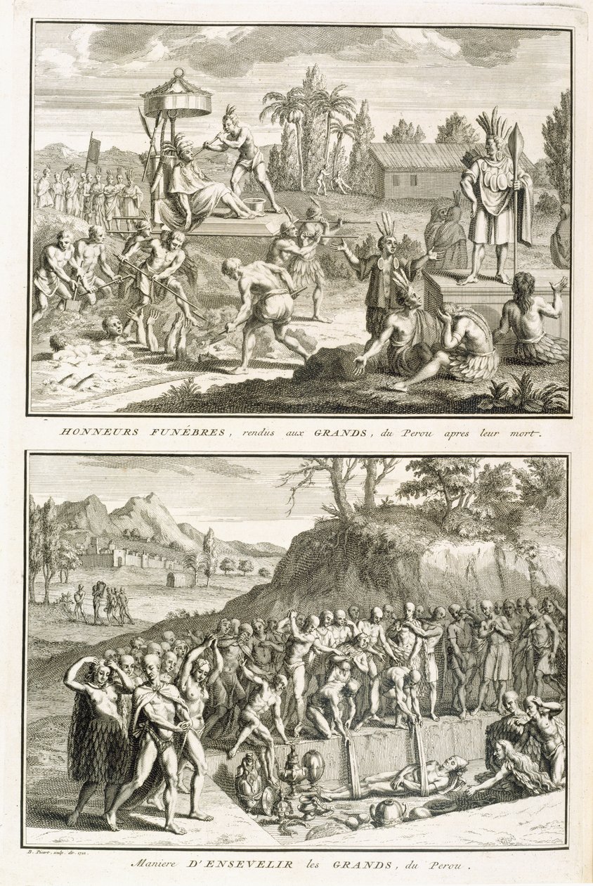 Begrafenisrituelen en de manier van begraven van heren na hun dood, in Peru, illustratie uit Religieuze Ceremonies en Gebruiken, gegraveerd door Bernard Picart (1673-1733) 1722 door French School