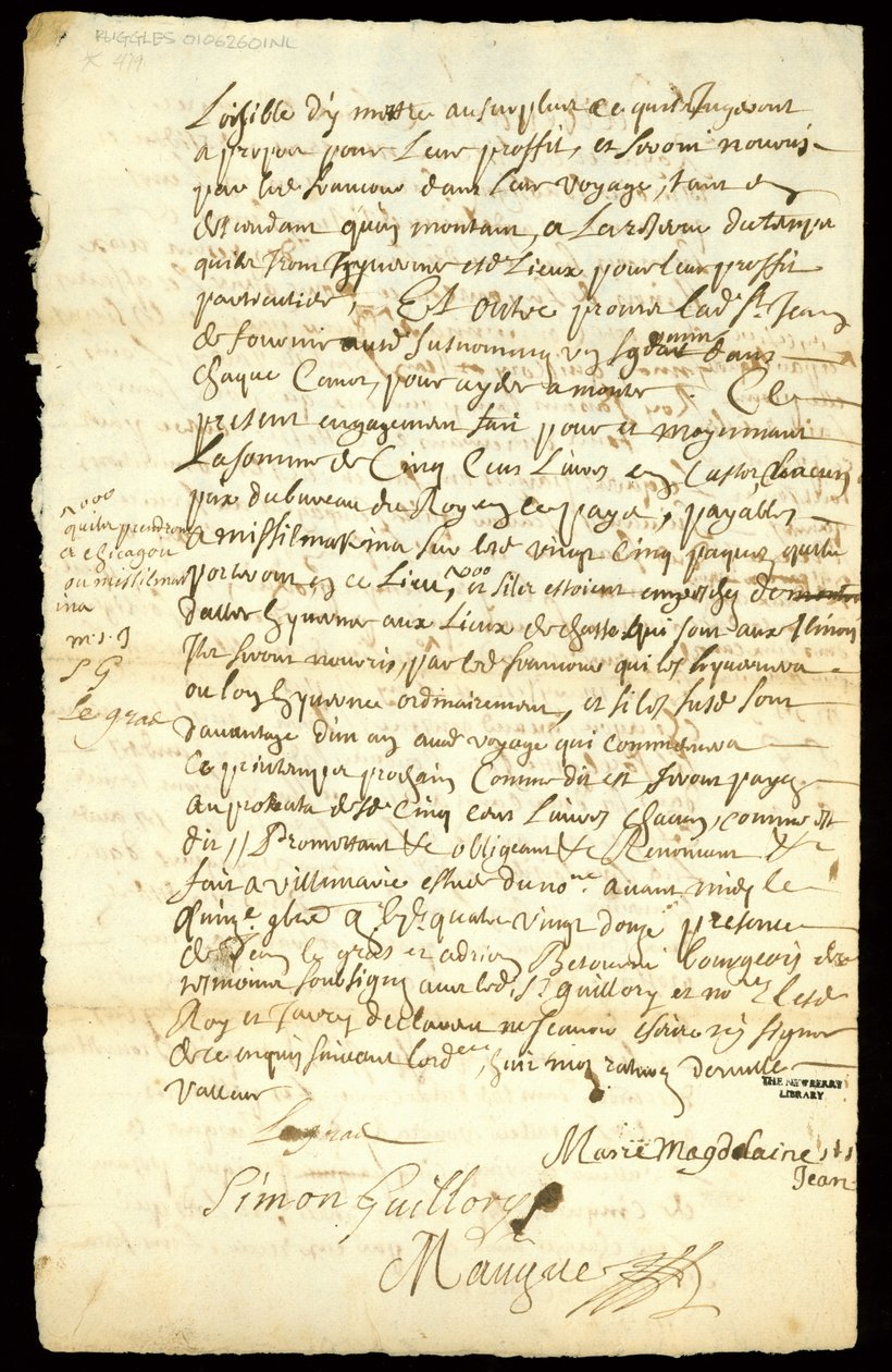 Bontcontract tussen Francois Francoeur en vier voyageurs voor het transport van goederen en de aankoop van bevervellen in Michilimackinac en Chicago, 1692 door French School