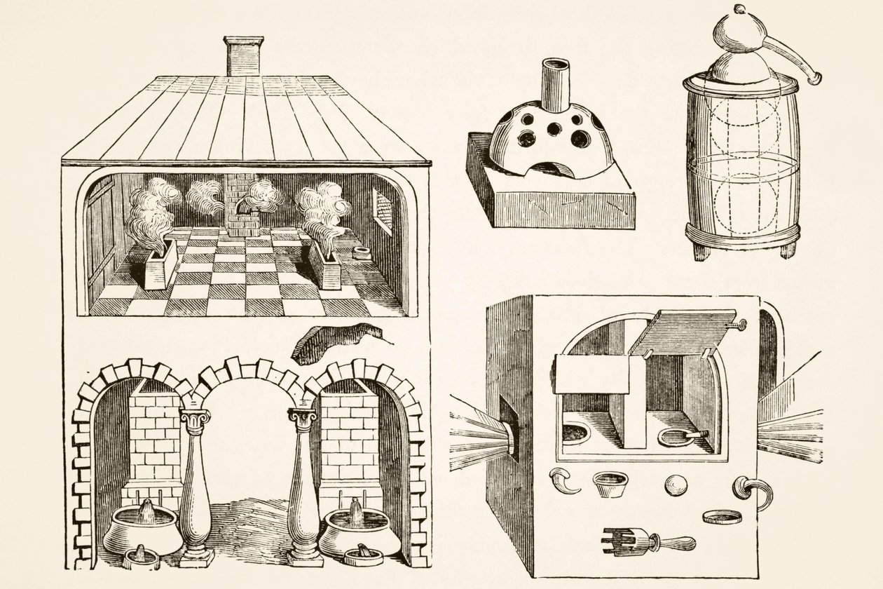 Ovens en diverse apparaten gebruikt door chemici en alchemisten in de Middeleeuwen, naar een gravure van Vriese, uit Wetenschap en Literatuur in de Middeleeuwen door Paul Lacroix, uitgegeven in Londen 1878 door French School