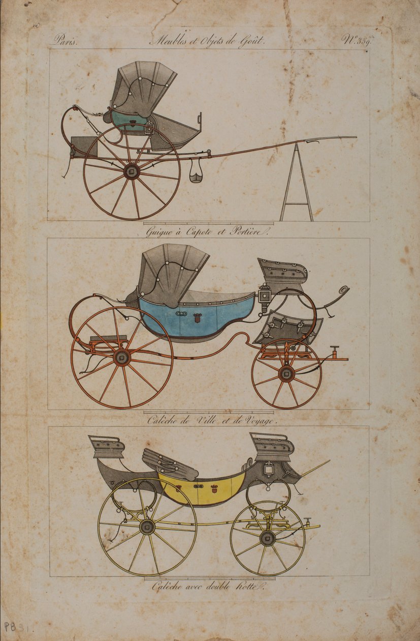 Meubels en voorwerpen van smaak, nr. 32, Phaeton Simple (gekleurde gravure) door French School