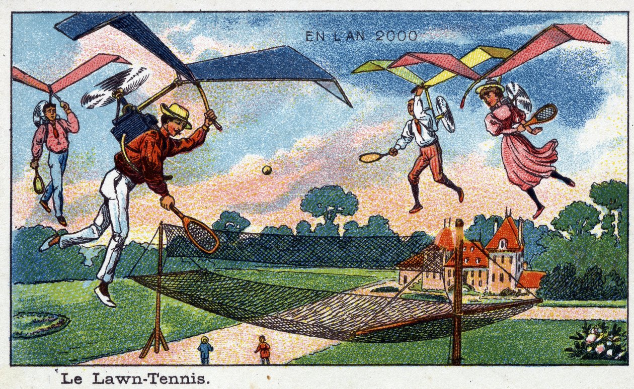 Futuredays: Een negentiende-eeuwse visie op het jaar 2000 - Serie "In het jaar 2000": Het gazon - tennis - Chromolithografie door Villemard door French School