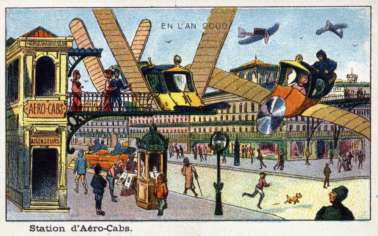 Toekomstige dagen: Een negentiende-eeuwse visie op het jaar 2000 - Serie "In het jaar 2000": aerobcabs station - Chromolithografie door Villemard door French School