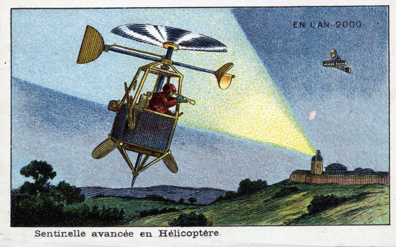 Futuredays: Een negentiende-eeuwse visie op het jaar 2000 - Serie "In het jaar 2000": Helikopter vooruitgeschoven post - Chromolithografie door Villemard door French School