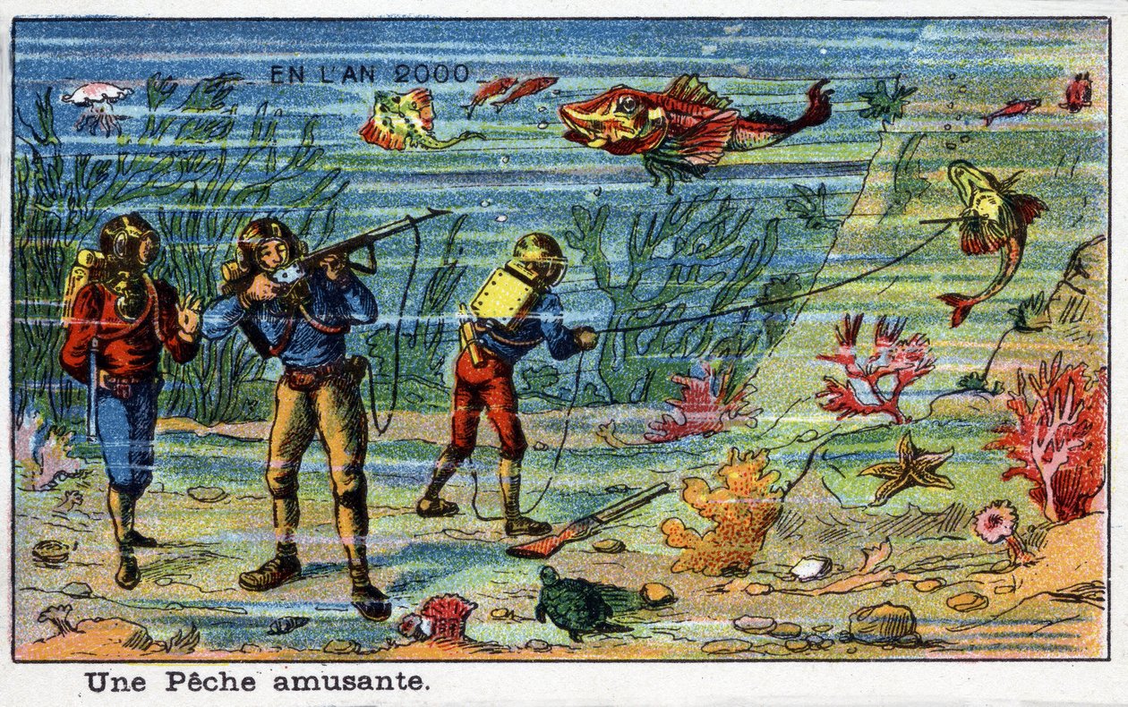 Toekomstige dagen: Een Negentiende Eeuwse Visie op het Jaar 2000 Serie: Een Leuk Vissen (Onder de Zee). Chromolithografie door Villemard door French School