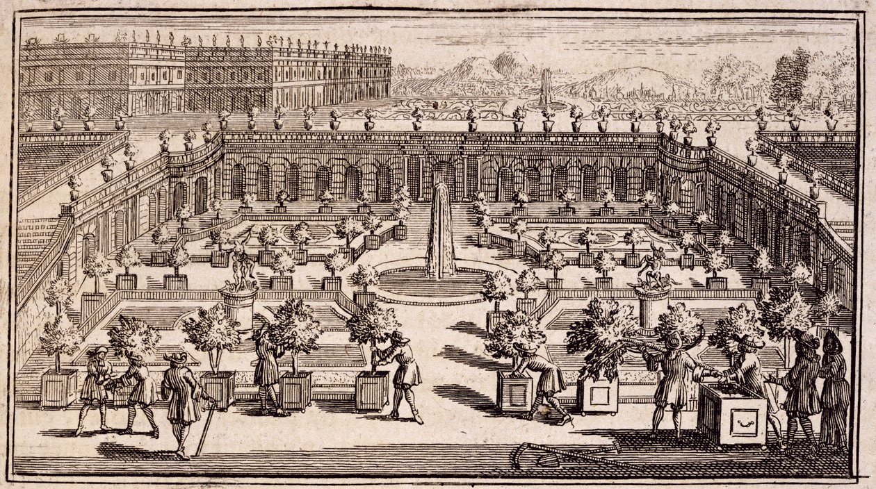 Tuinmannen aan het werk in een sinaasappeltuin, uit Le Parfait Jardinier, ou Instruction pour les Jardins Fruitiers et Potager, door Jean de la Quintinye, gepubliceerd 1695 door French School