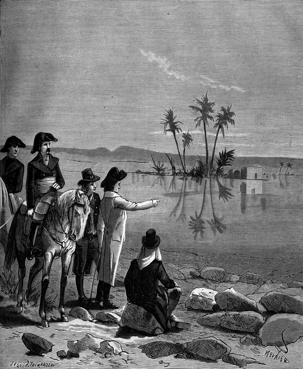 Gaspard Monge, Graaf van Peluse (1746 - 1818), Franse wiskundige tijdens de campagne (expeditie) van Egypte (1798-1801) observeerde het fenomeen van de luchtspiegeling. door French School