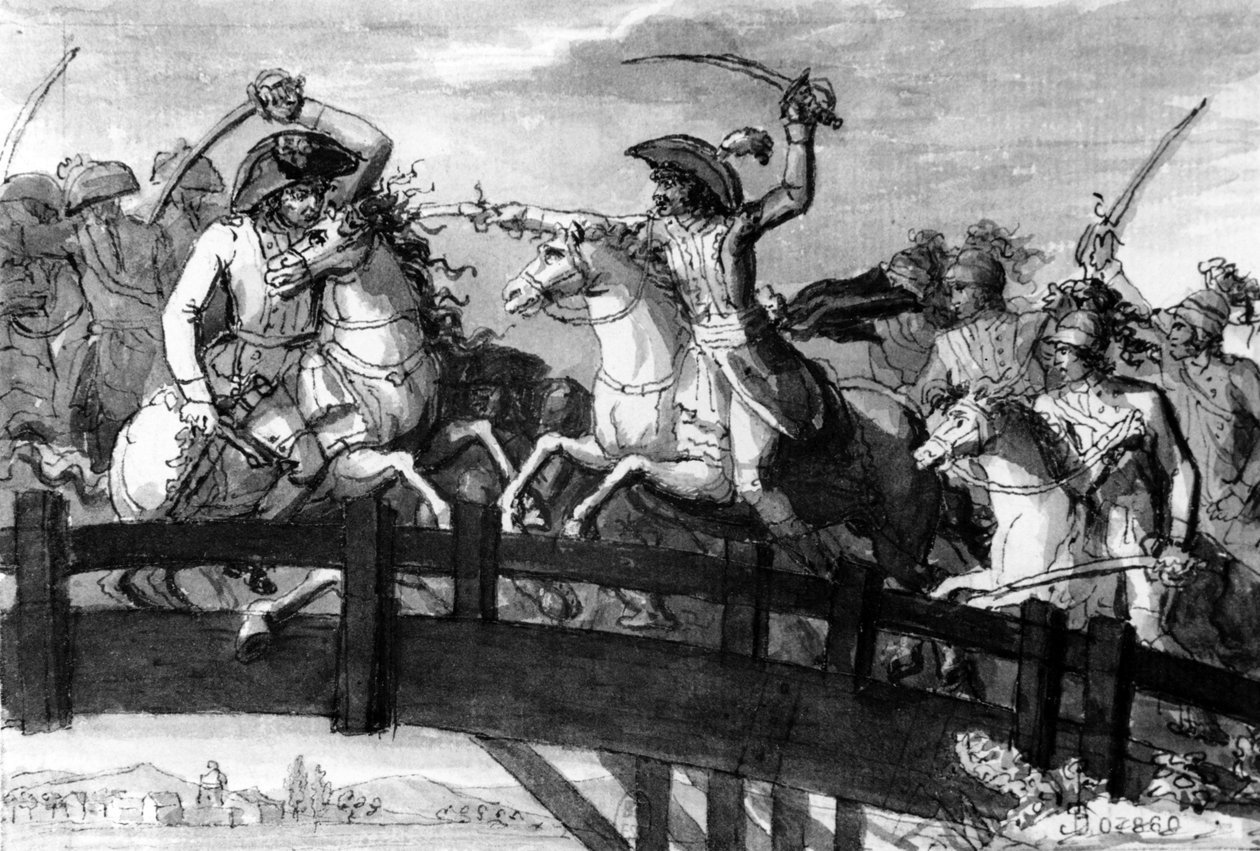 Generaal Alexandre Dumas, de Horatius Cocles van de Tirol. die eigenhandig drie Oostenrijkse tegenstanders doodt op de Clausenbrug in 1797, c.1797 door French School