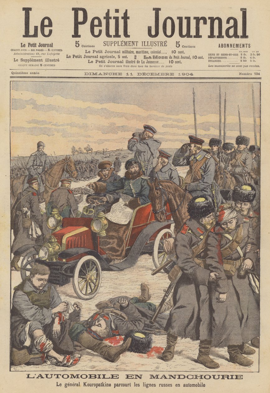 Generaal Koerpatkin met een auto op tournee langs de Russische linies in Mantsjoerije tijdens de Russisch-Japanse oorlog (kleurenlitho) door French School