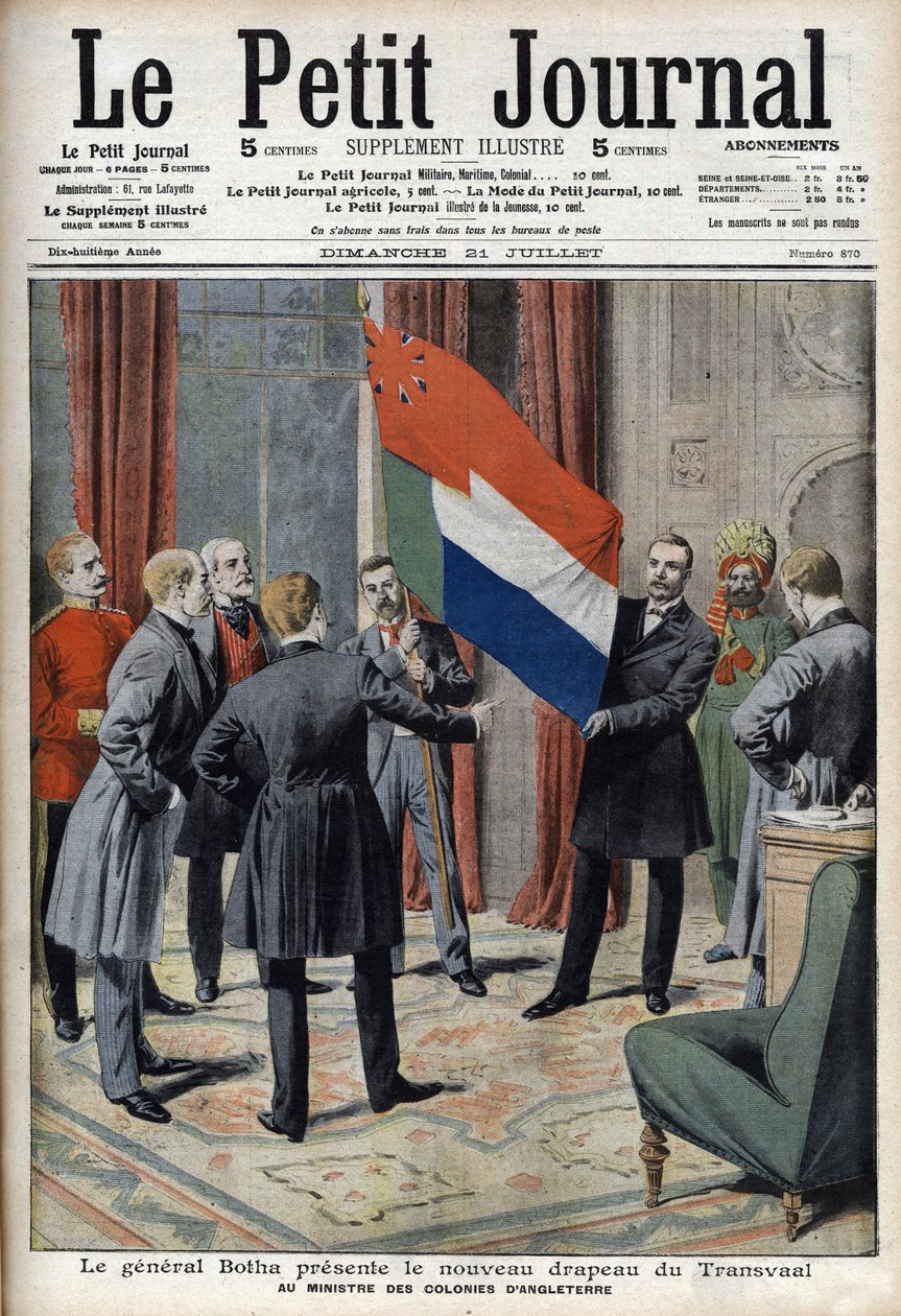 Generaal Pieter Willem Botha (een Boer) presenteert de nieuwe vlag van Transvaal (Zuid-Afrika) aan de Engelse koloniale minister Lord Elgin (
