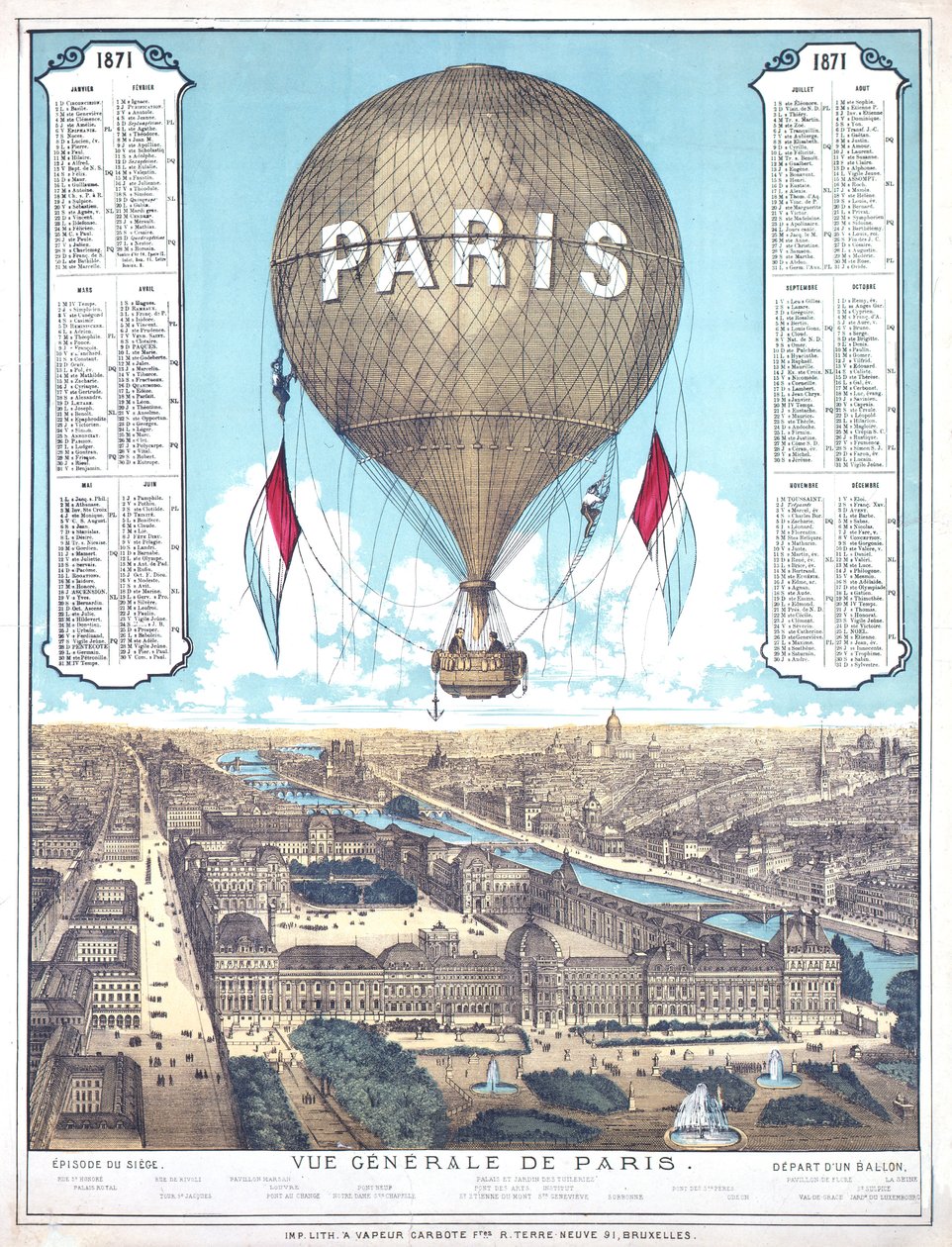 Algemeen overzicht van Parijs en lijst van ballonvertreklocaties tijdens het Beleg van Parijs, 1871 door French School