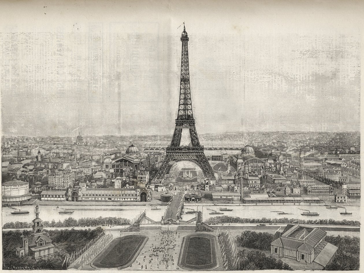 Algemeen overzicht van de Wereldtentoonstelling in Parijs in 1889 met de Eiffeltoren vanaf Trocadero, gravure - Algemeen overzicht van de Wereldtentoonstelling in Parijs in 1889 met de Eiffeltoren, gravure in Le Monde Illustré van 1889 door French School