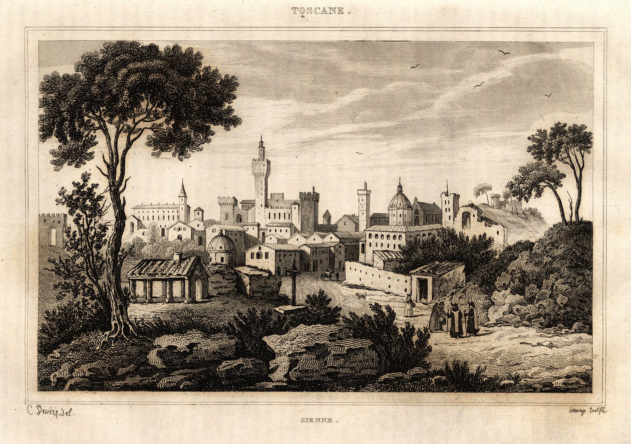 Algemeen uitzicht op Siena in Toscane, gravure door C. Deveze in 