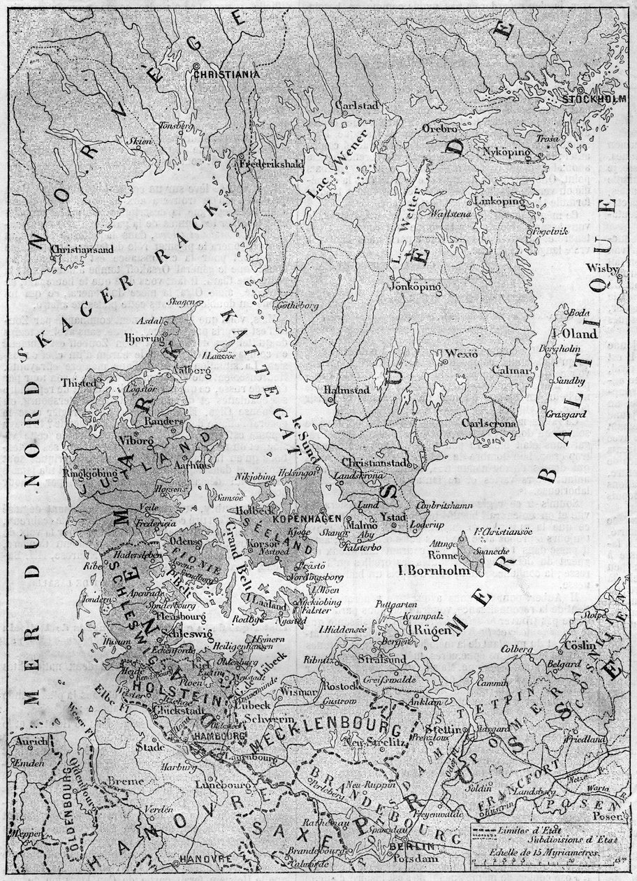 Geografische kaart van Denemarken in 1861, met de hertogdommen Sleeswijk, Holstein en Lauenburg (gravure in 