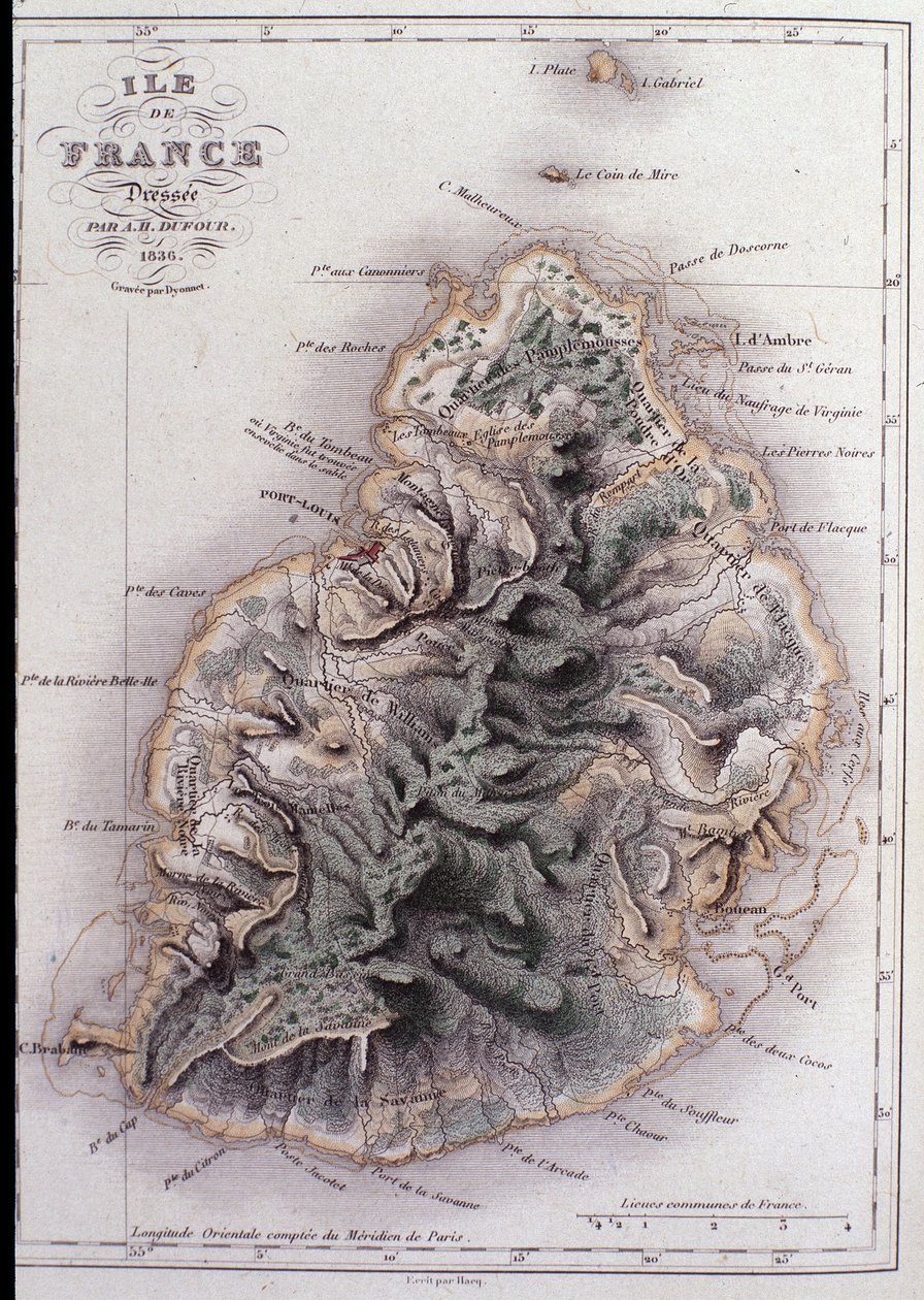 Geografische kaart van Mauritius (Anc. Ile de France) door French School