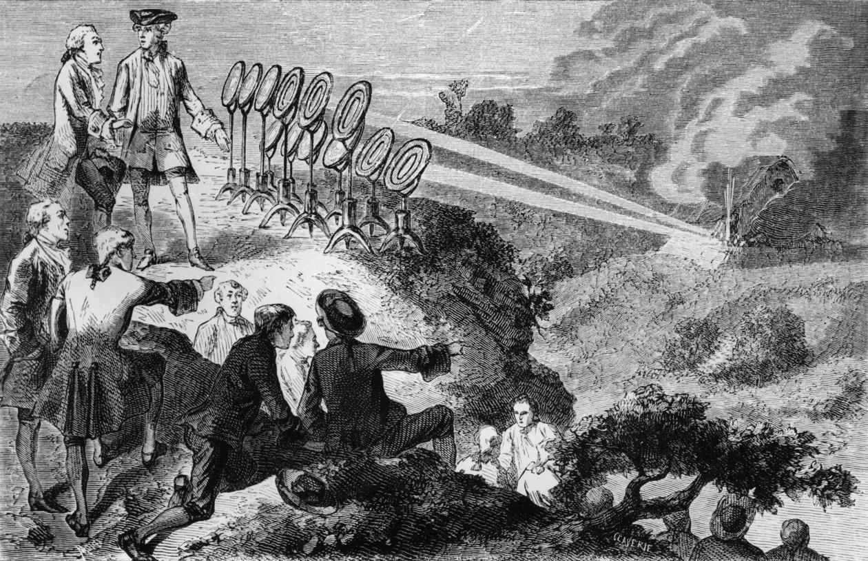 Georges-Louis Leclerc (1707-88) Graaf de Buffon experimenteert met brandende spiegels op hooibergen in Montbard, uit La Vie des Savants Illustres door Louis Figuier, gepubliceerd in Parijs in 1872 door French School