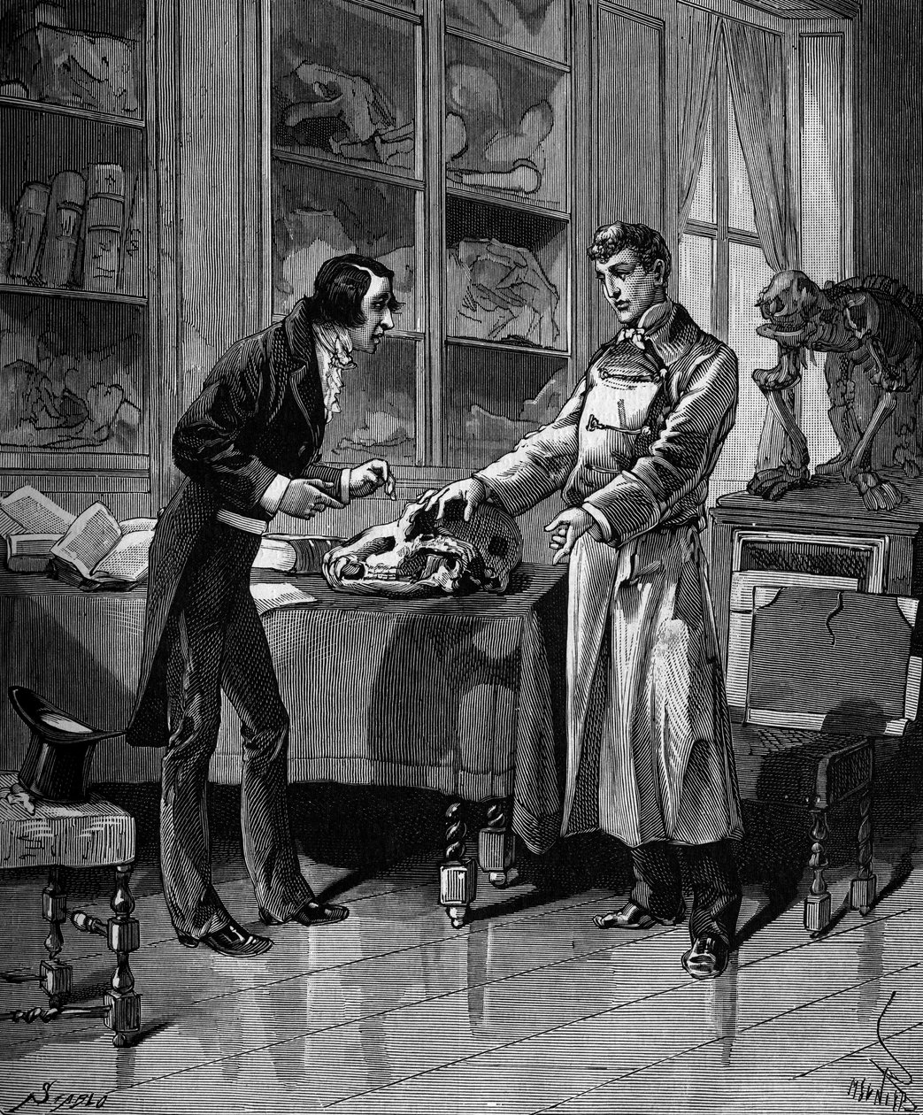 Georges Cuvier (1769-1832), Franse natuuronderzoeker met een jonge student. in "Histoire populaire des sciences, inventions et discoveries from the first centuries to the present day" door Bitard Adolphe 1880. door French School