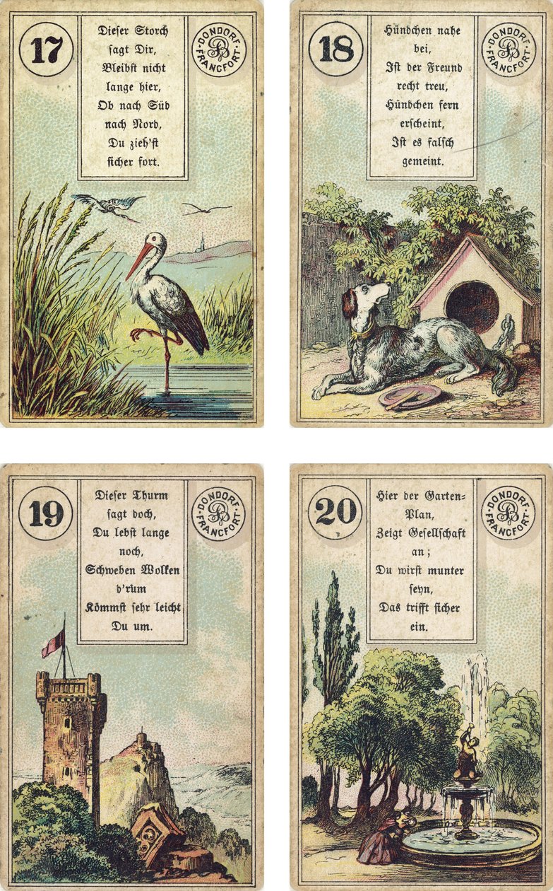 Duitse editie van het Lenormand Franse waarzegkaarten deck: De Ooievaar, De Hond, De Toren, De Tuin, uitgegeven door Dondorf, Frankfurt, 19e eeuw door French School