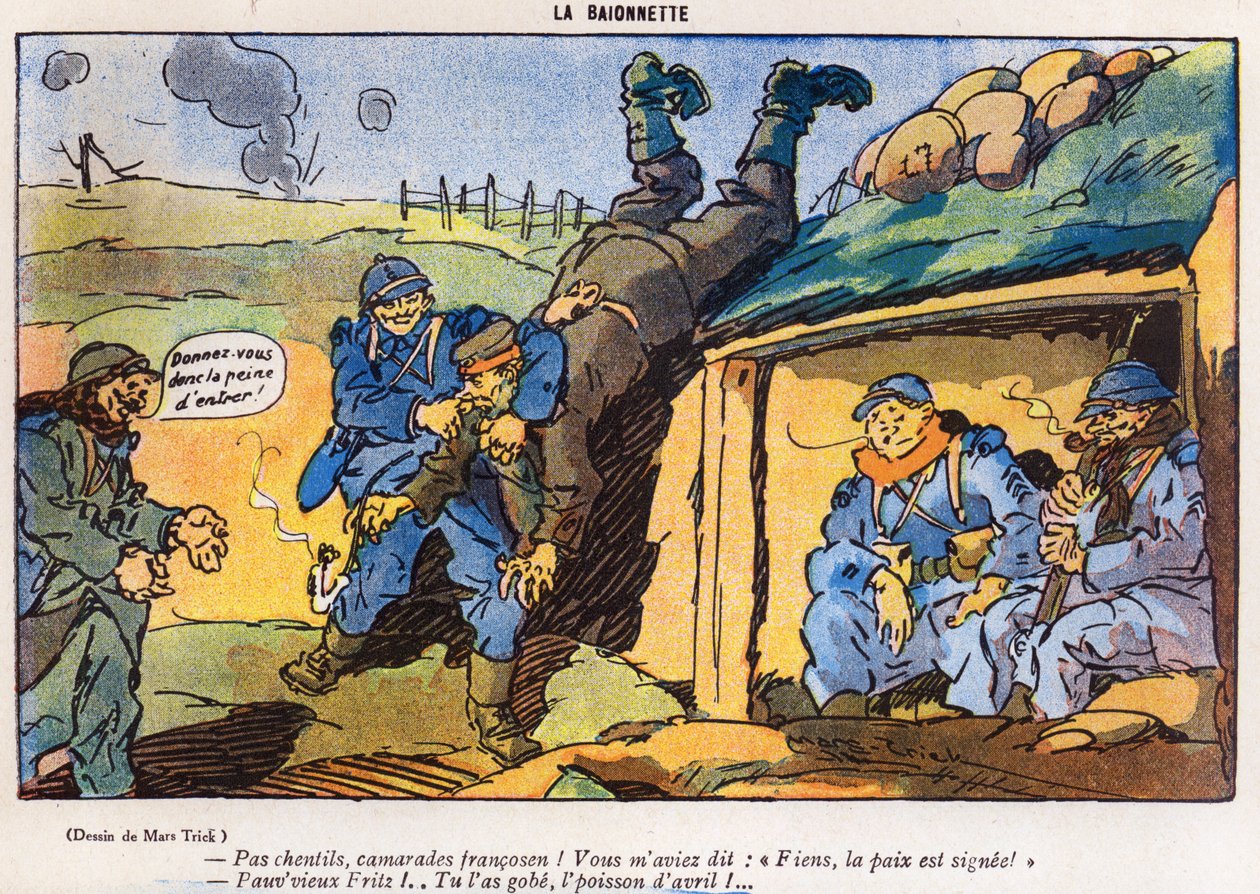 Duitse soldaat gevangen door Franse soldaten als gevolg van een truc, cartoon uit de 1 april editie van La Baionette magazine, 29 maart 1917 door French School