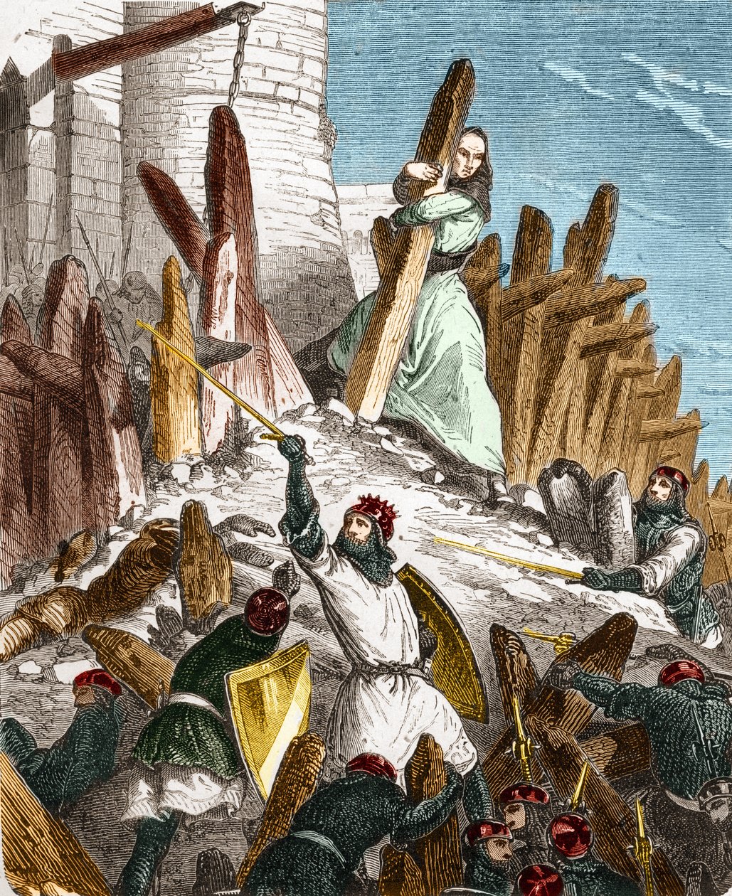 Oorlog tegen Hugues du Puiset door Lodewijk de Dikke: Aanval op het kasteel van Puiset (gelegen in het departement Eure-et-Loir) door de troepen van de koning van Frankrijk LODEWIJK VI de Dikke in 1118. Gravure in 