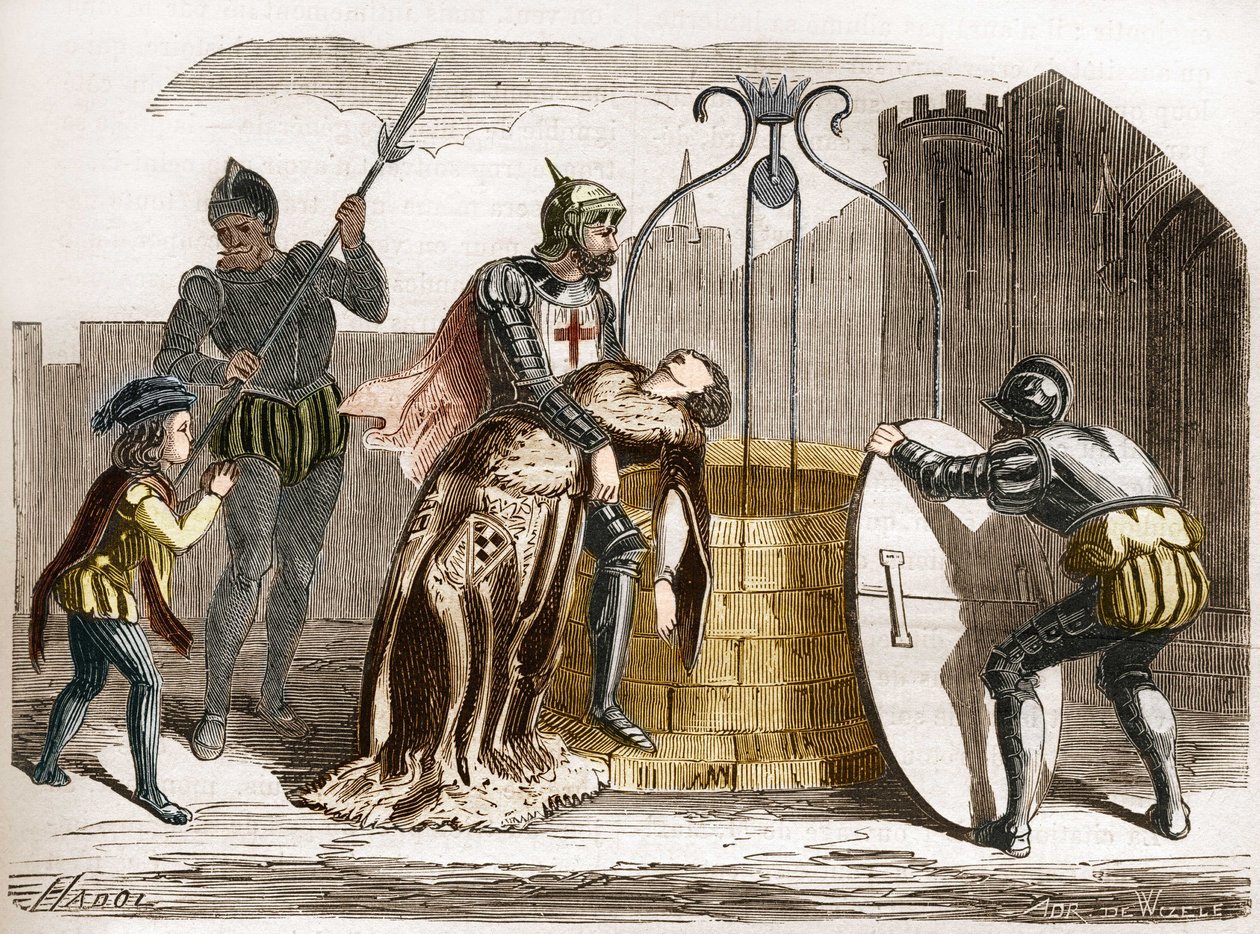 Gilles de Rais (Retz of Rays) (1404-1440), maarschalk van Frankrijk maakt zijn vrouw dood. Gravure in 