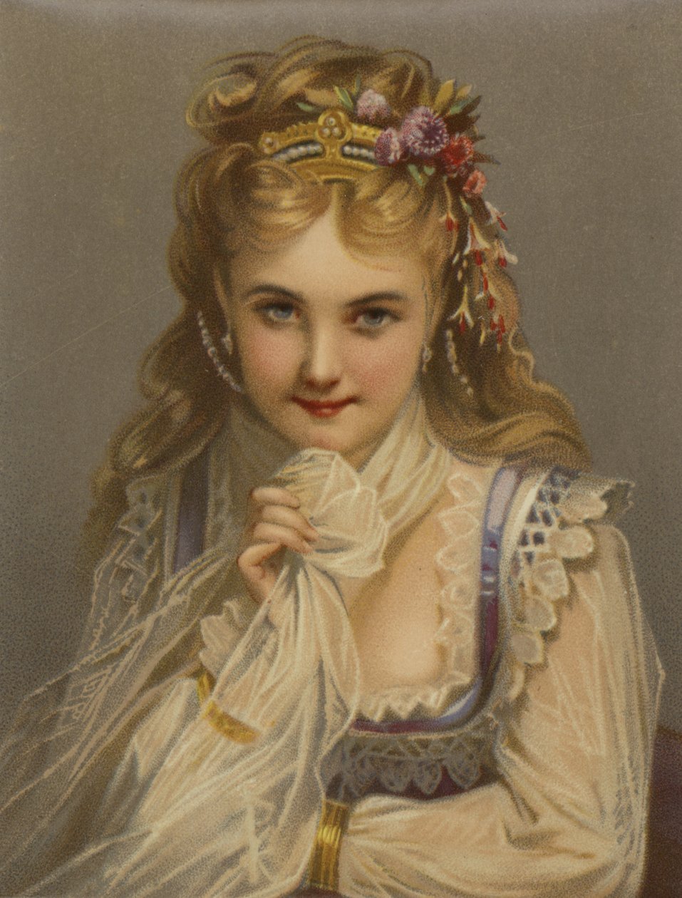 Meisje met blond haar, juwelen, bloemen en verlegen glimlach (chromolitho) door French School