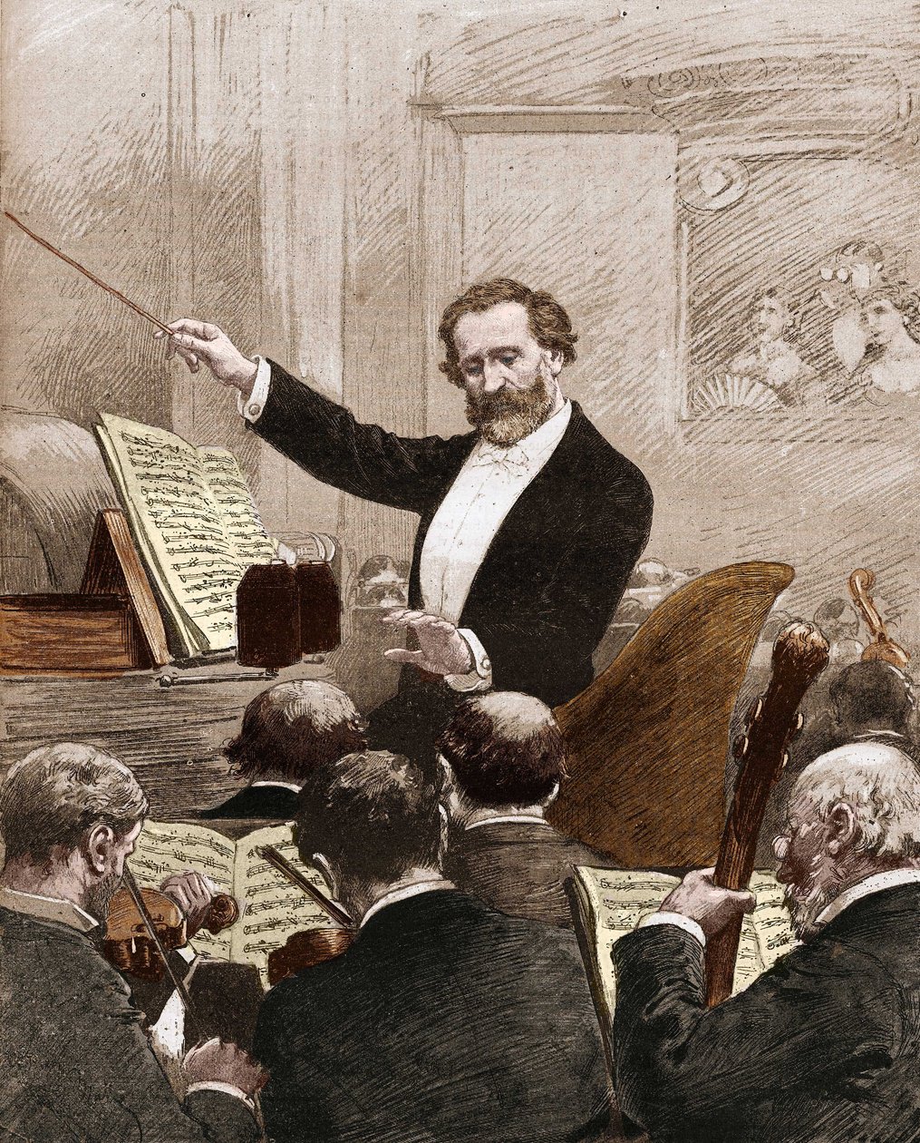 Giuseppe Verdi leidt het operagezelschap bij de eerste uitvoering van 