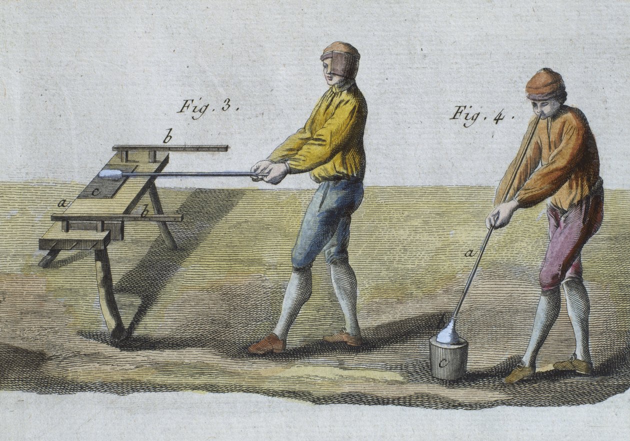 Glasblazen (detail), illustratie uit de Encyclopedie des Sciences et Metiers door Denis Diderot (1713-84) gegraveerd door Robert Benard (fl.1734) gepubliceerd ca.1770 door French School