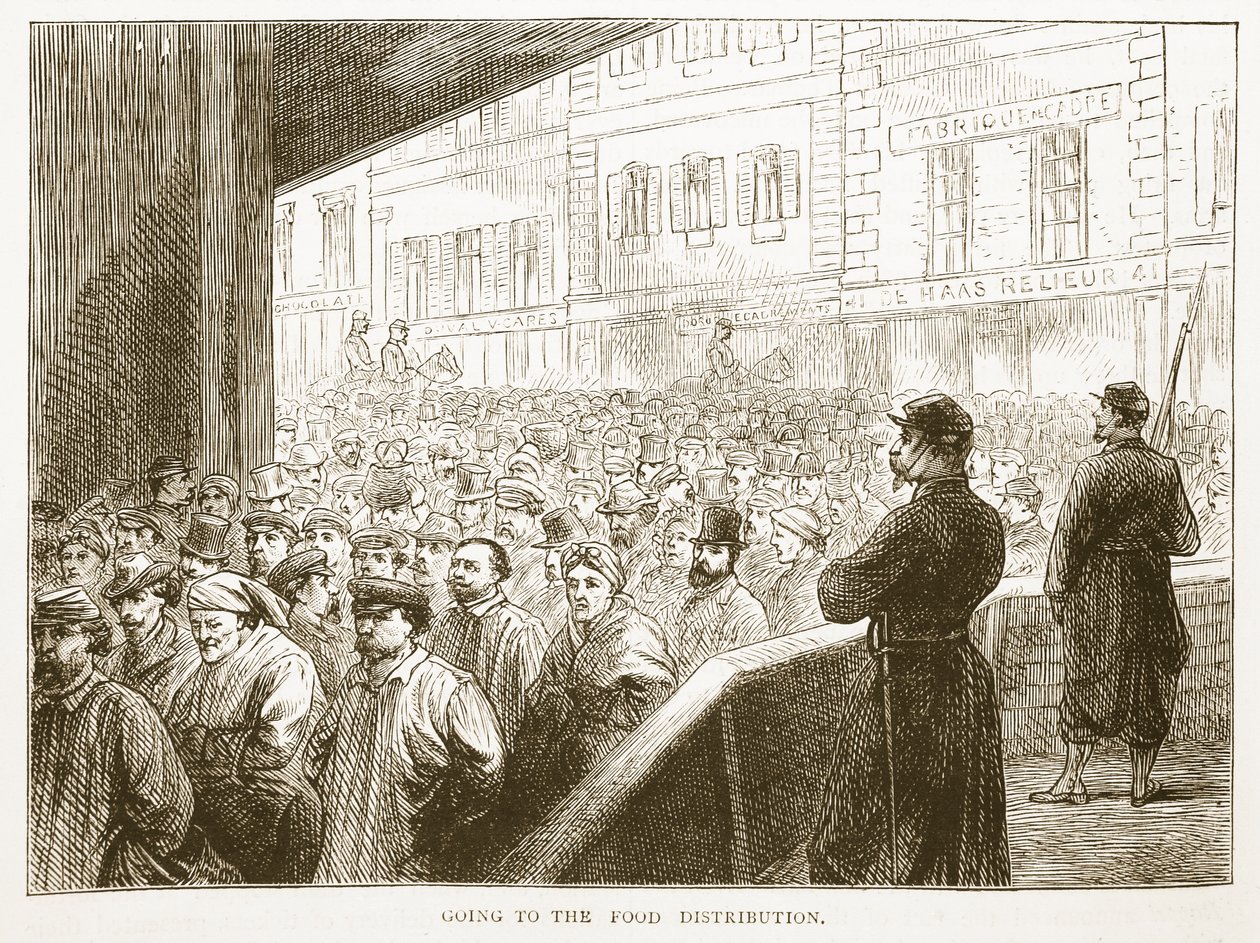 Op weg naar de voedseluitdeling, illustratie uit Cassells Geschiedenis van de Oorlog tussen Frankrijk en Duitsland, 1870-1871 door French School