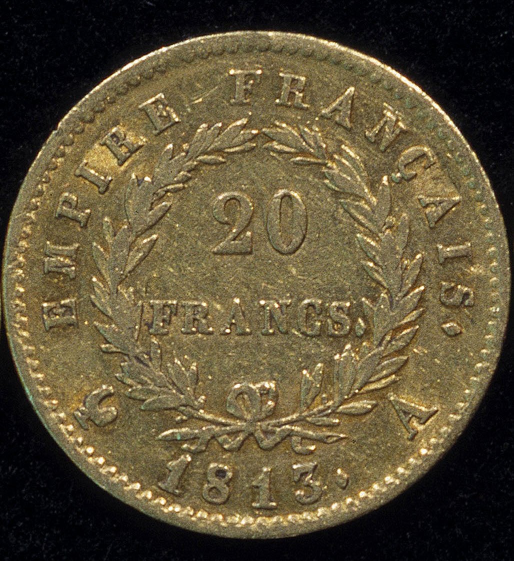 Gouden munt van 20 francs (Napoleon) uit 1813. achterkant. door French School