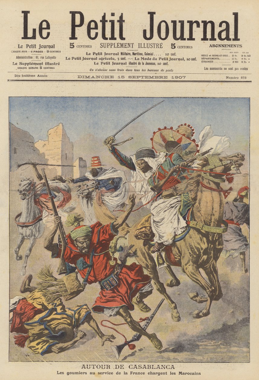 Goumiers vallen Marokkanen aan bij Casablanca (kleurenlitho) door French School