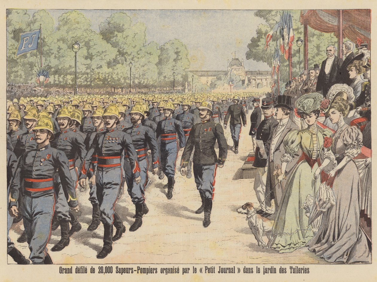 Grote parade van 20.000 brandweermannen door de Jardin des Tuileries in Parijs (kleurenlitho) door French School
