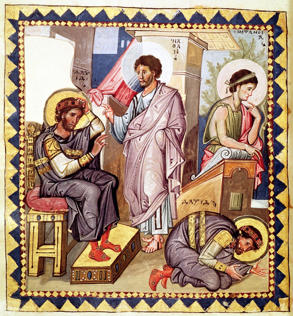De boetedoening van David, met David en Nathan, uit een psalter, 10e eeuw door French School