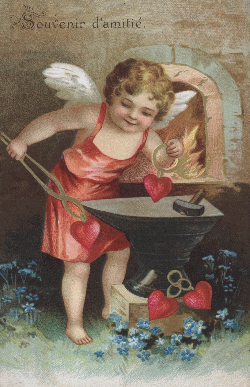 Wenskaart met een cherubijn die vriendschapspenningen maakt in een smederij (chromolitho) door French School