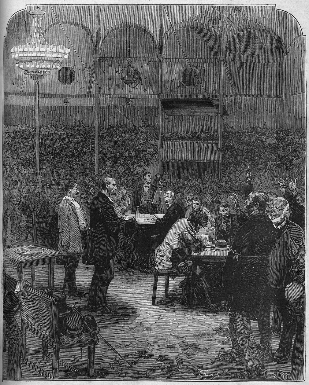 Staking van de koetsiers van Parijs in 1878: verkiezing van afgevaardigden naar het bedrijf van Petites Cars (Petite-Cars) in het Fernando circus. Gravure in 