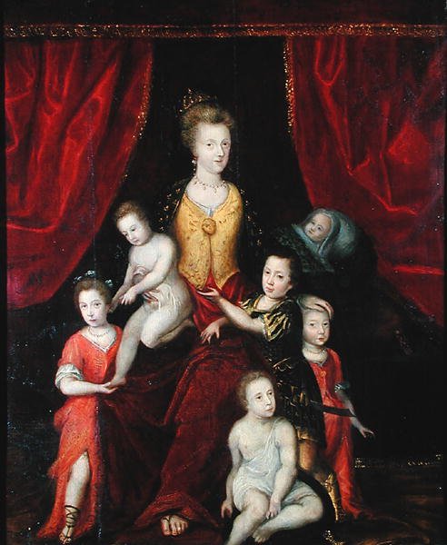 Groepsportret, mogelijk van een koningin met haar zes kinderen, laat 16e of vroeg 17e eeuw door French School