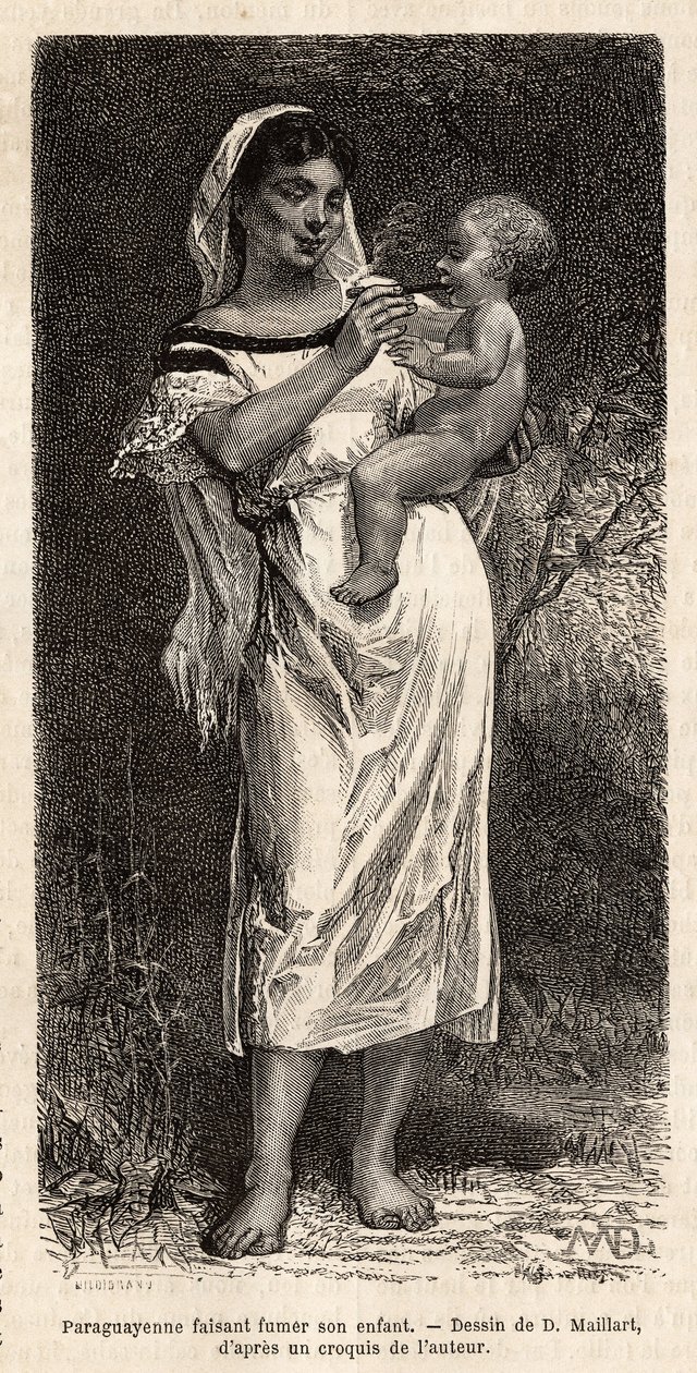 Guaranie vrouw rookt de sigaar voor haar kind, rijdend op haar heup, om haar gehuil te proberen te kalmeren, gravure naar de tekening van D.Maillart, ter illustratie van de reis naar Paraguay in 1872-1873, door L.Forgues, gepubliceerd in 