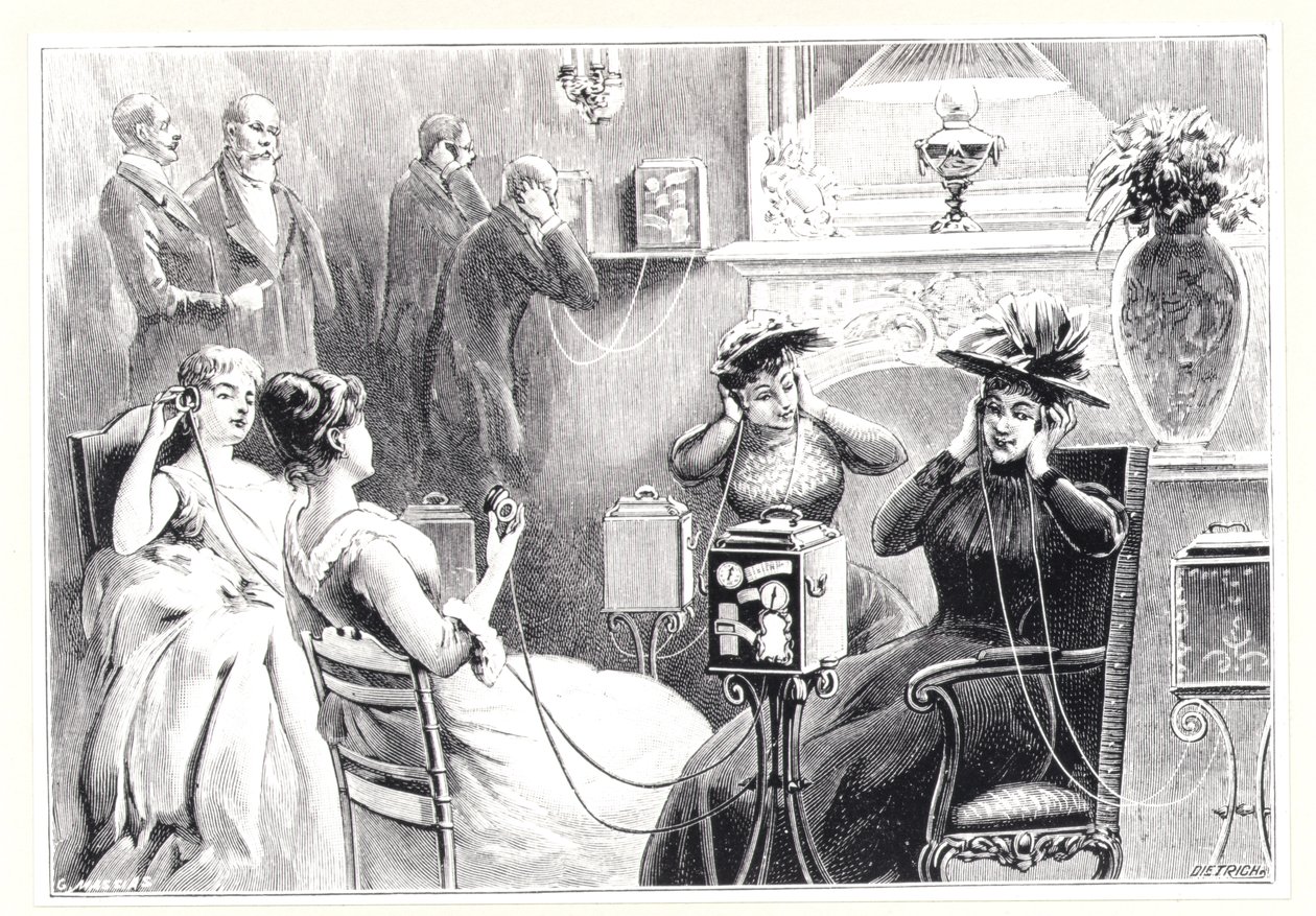 Gasten in een hotel in Parijs luisteren naar directe uitzendingen van opera- of theatervoorstellingen op Marinovitchs en Szarvadys Theatrophone, uit La Nature, gepubliceerd 1892 door French School