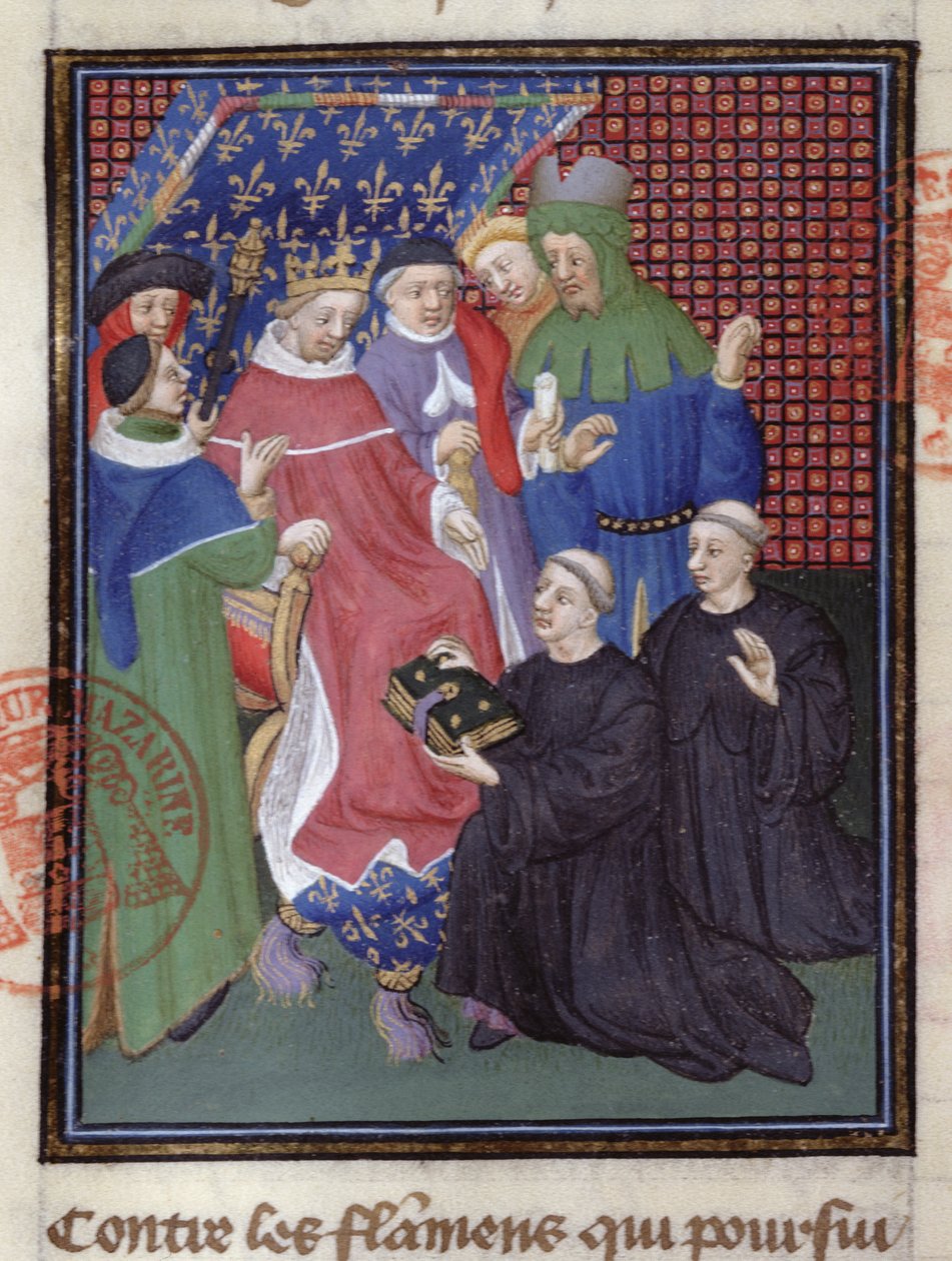 Guillaume de Nangis (gest. 1300 of 1303) presenteert zijn boek aan Filips IV de Schone, koning van Frankrijk van 1285-1314 (perkament) (detail) door French School