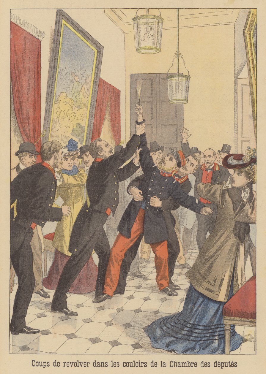 Geweerschoten in de gangen van de Franse Kamer van Afgevaardigden (kleurenlitho) door French School